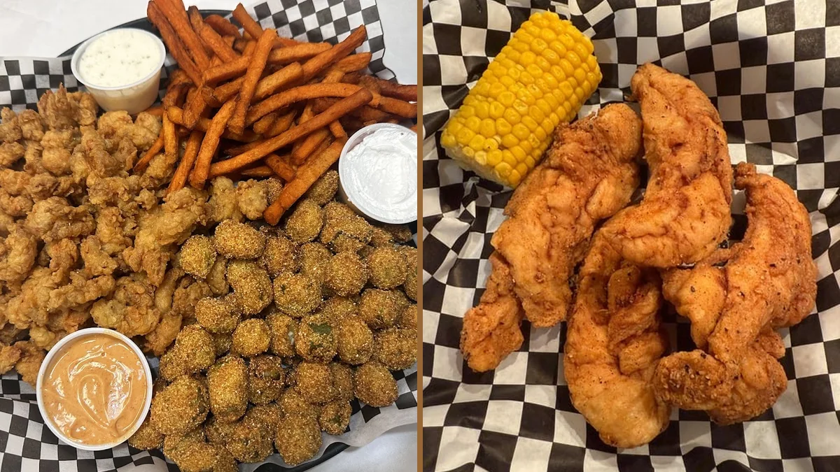 Seafood boil trays on a table.
