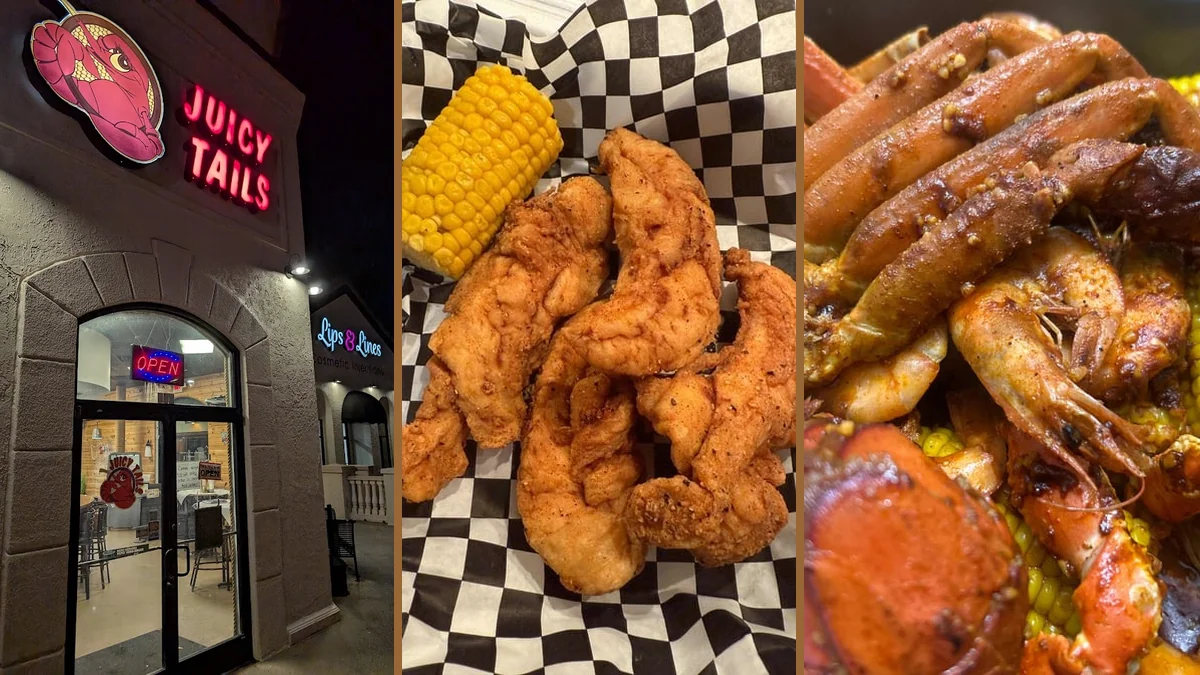 Cajun seafood dishes served in baskets.