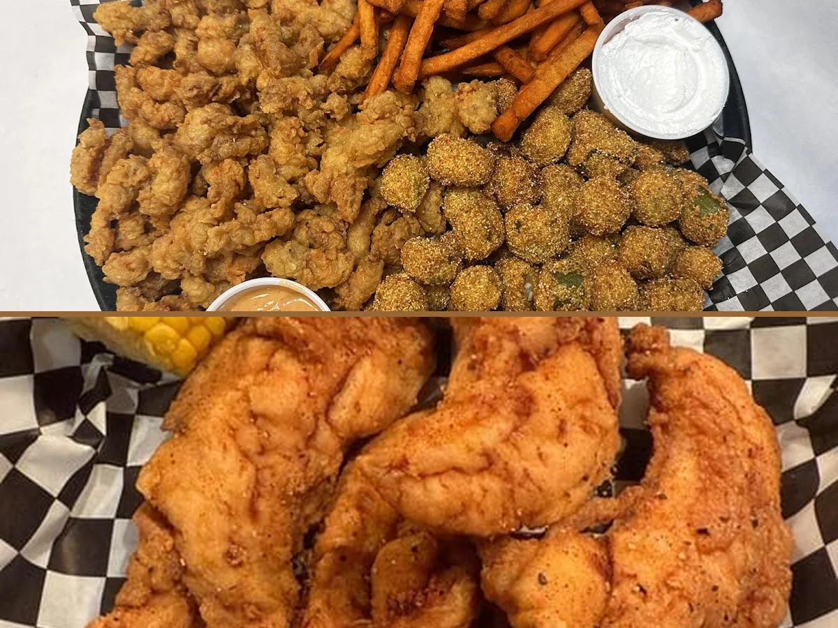 Cajun seafood dishes served in baskets.