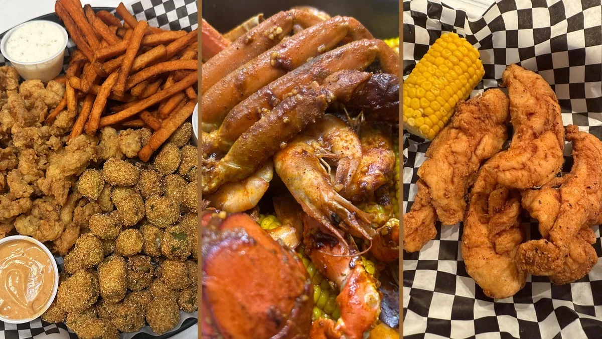 Crab legs and shrimp on paper-lined trays.