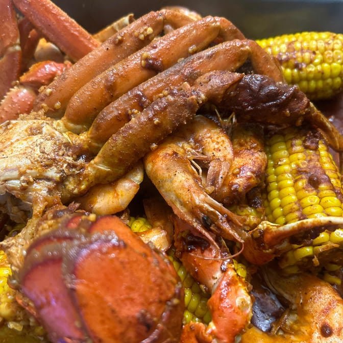 Cajun seafood dishes served in baskets.