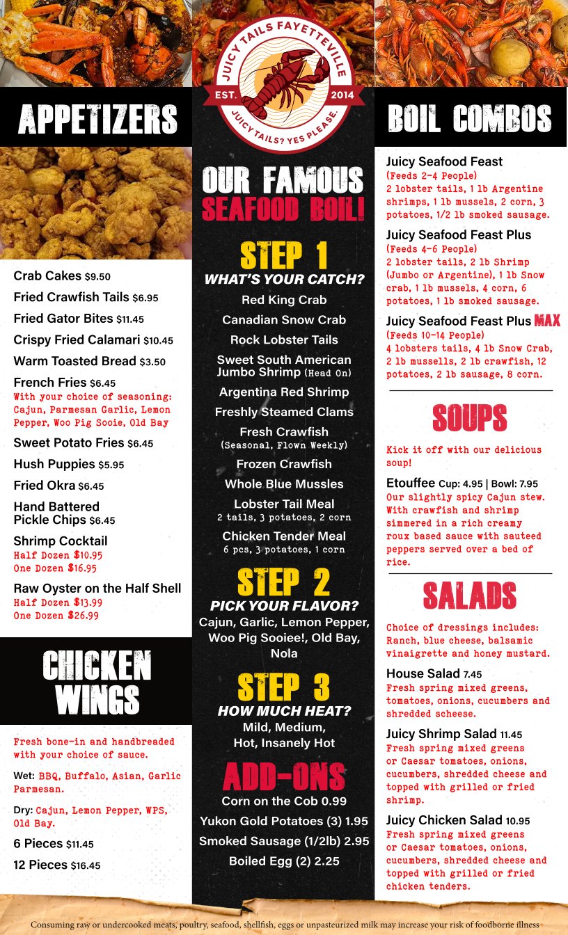 Printed menu with seafood boil sections.