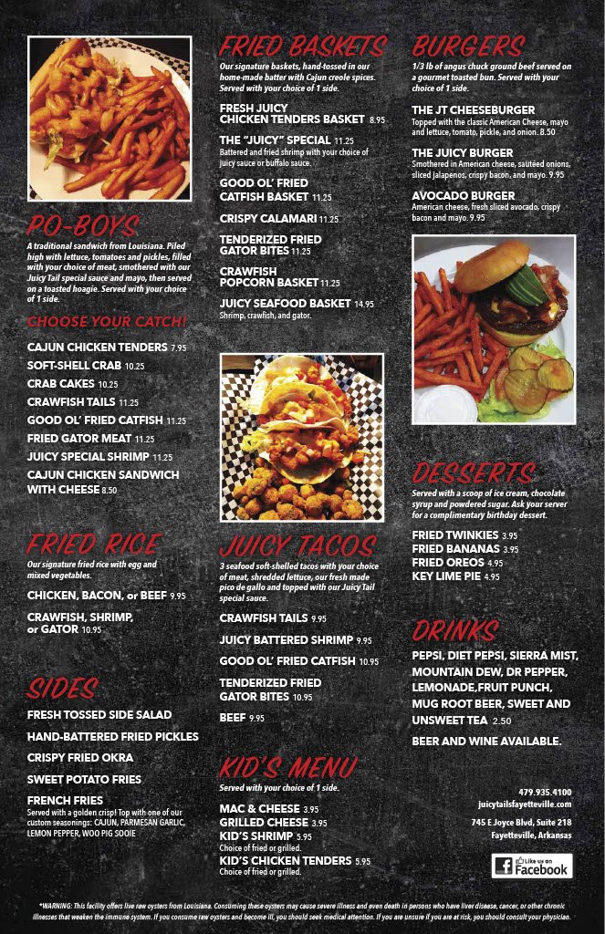 Menu page listing gumbo, baskets, and burgers.