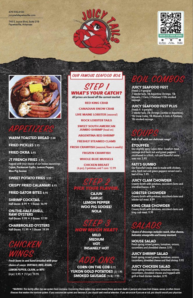 Seafood menu with appetizers and desserts.