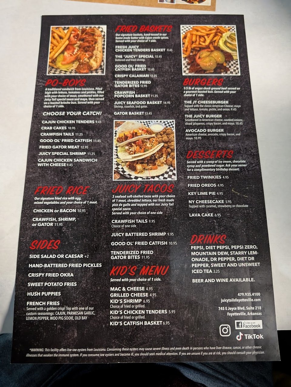 Menu board with boil add-ons and po-boys.